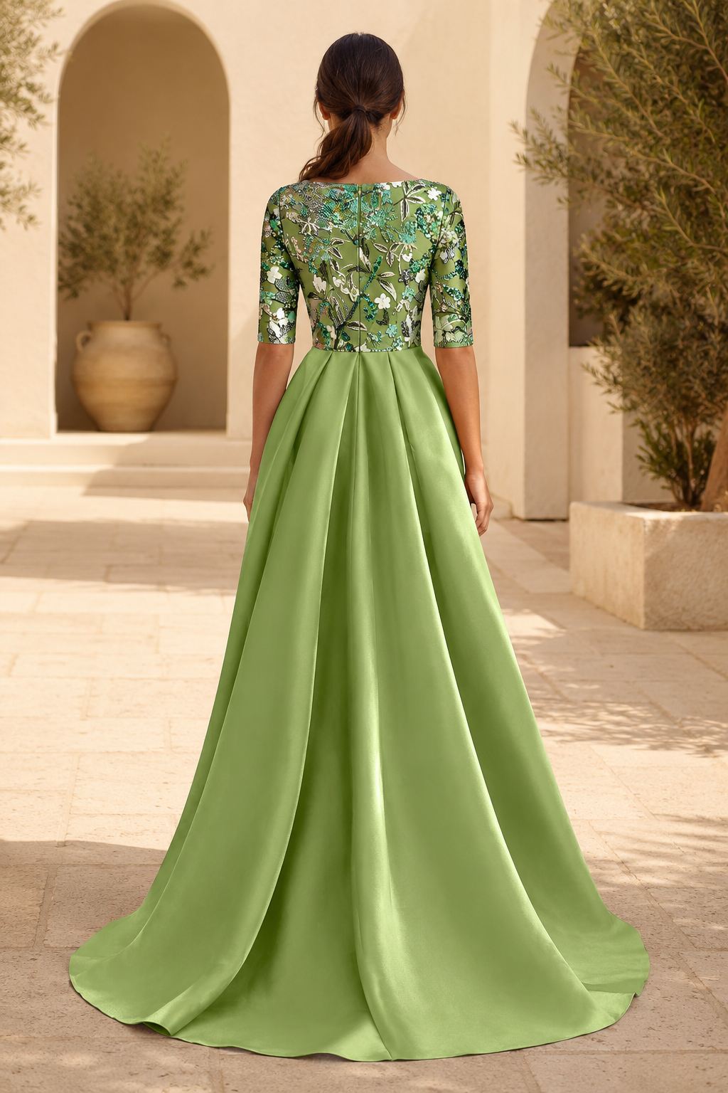 Floral Embroidered Satin A-Line Gown with 3/4 Sleeves