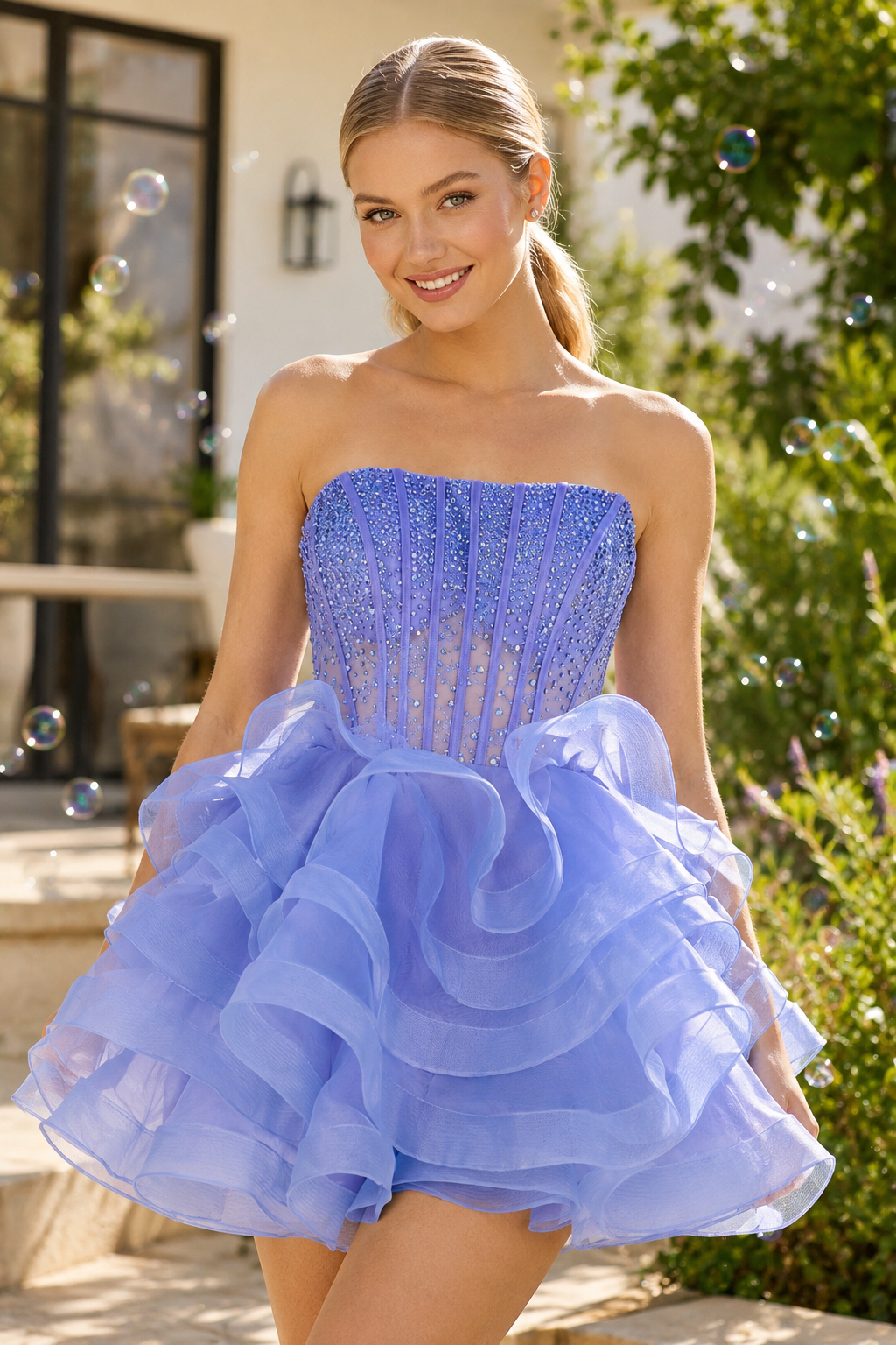 Strapless Ruffled Corset Organza Mini Dress