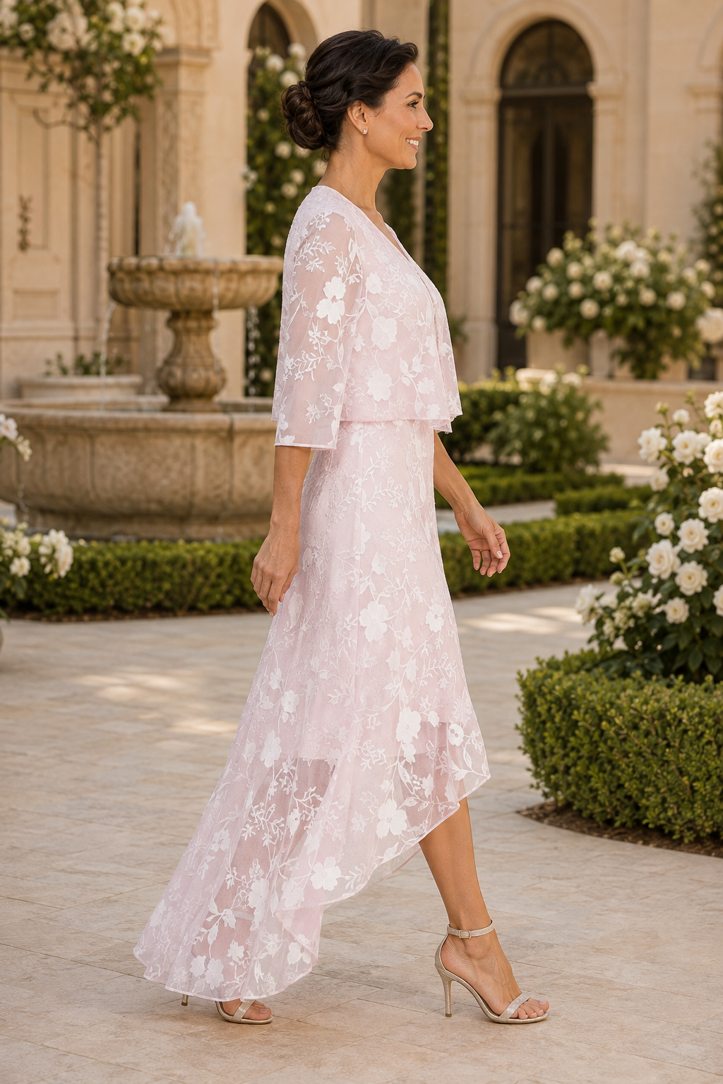 Floral Lace High-Low Dress with 3/4 Sleeve Jacket