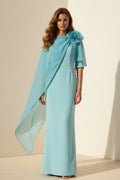 Crepe Sheath Gown with Chiffon Cape & 3D Flower