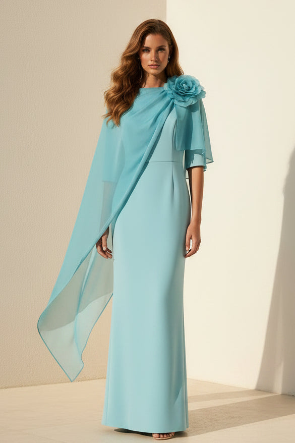 Crepe Sheath Gown with Chiffon Cape & 3D Flower