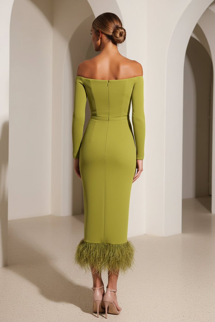 Off-the-Shoulder Long Sleeve Feather Midi Dress