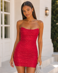 Strapless Ruched Glitter Bodycon Mini Dress