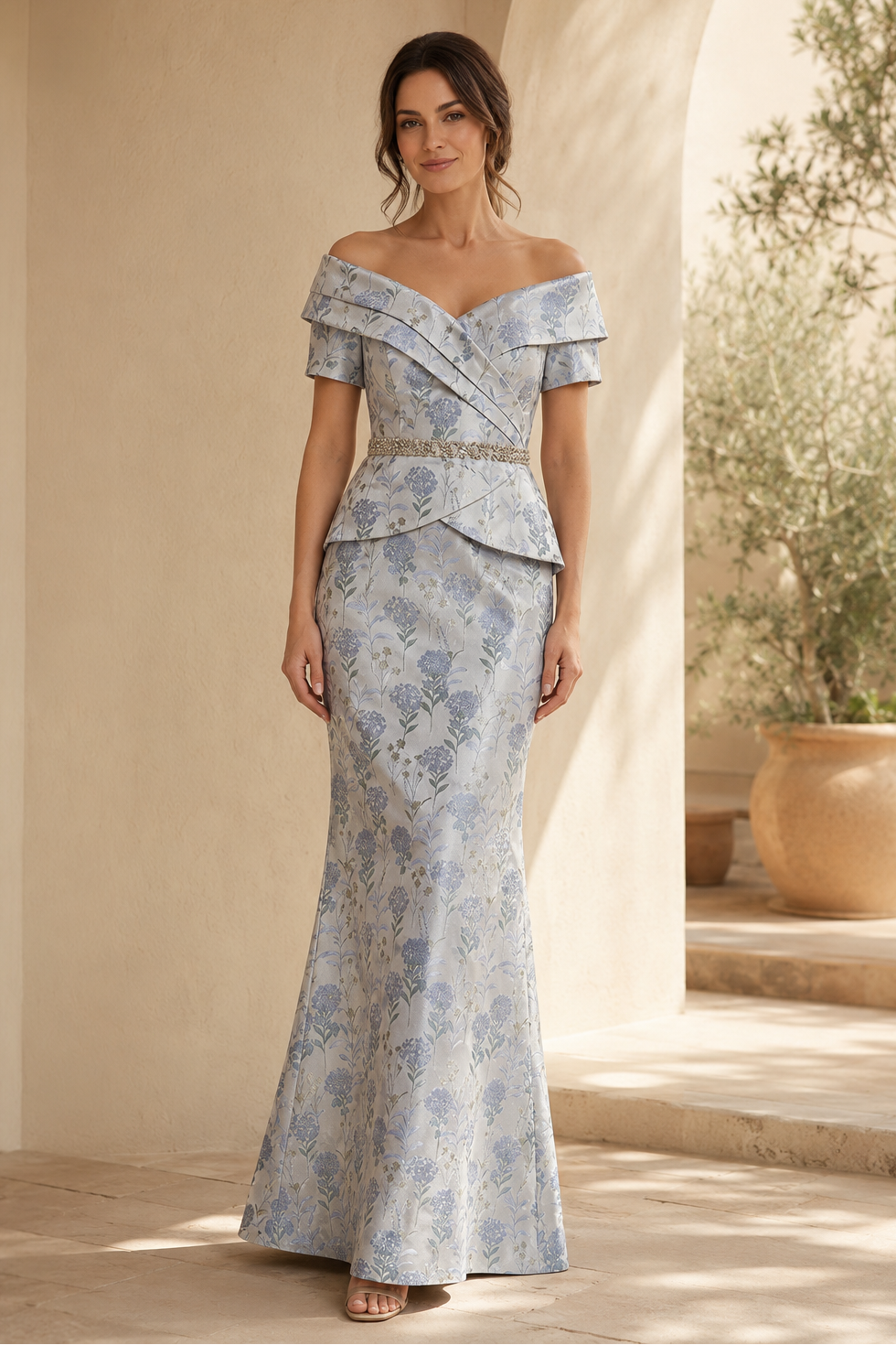 Off-the-Shoulder Peplum Jacquard Mermaid Gown