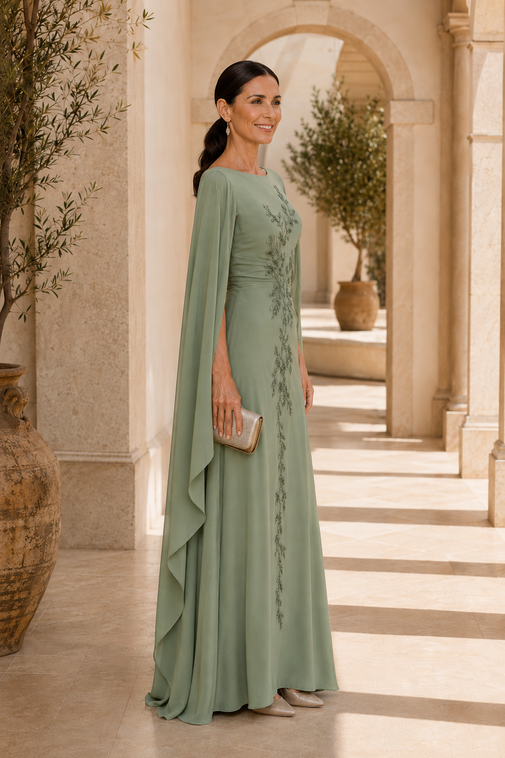 Besticktes Cape-Ärmel-Abendkleid mit Bodenlänge
