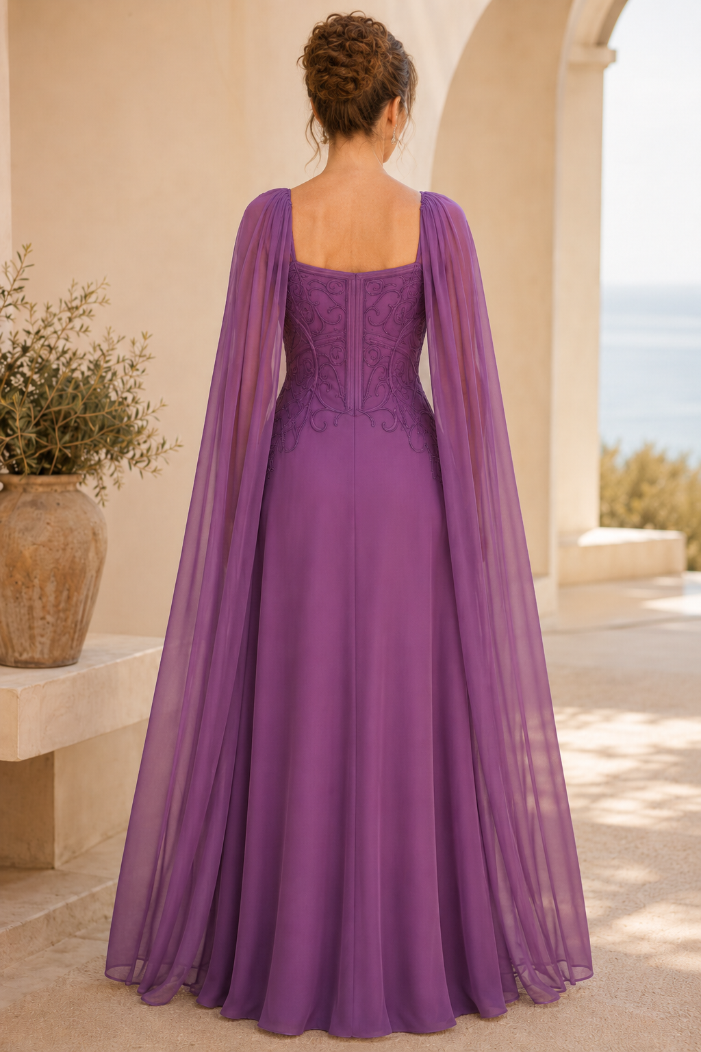 Embroidered Bodice Cape Sleeve A-Line Gown