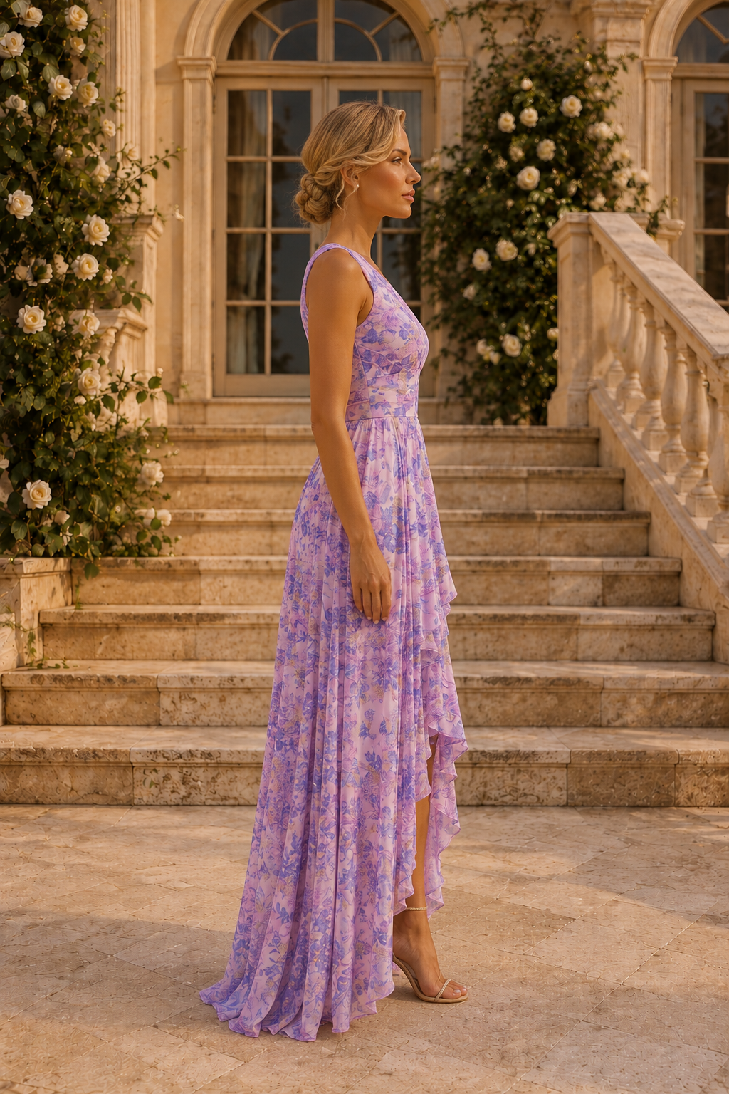 One-Shoulder Floral High-Low Maxi Dress