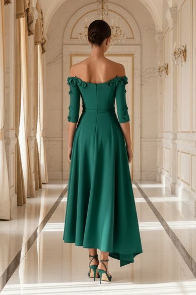 3D Floral Off-the-Shoulder A-Line Tea-Length Dress