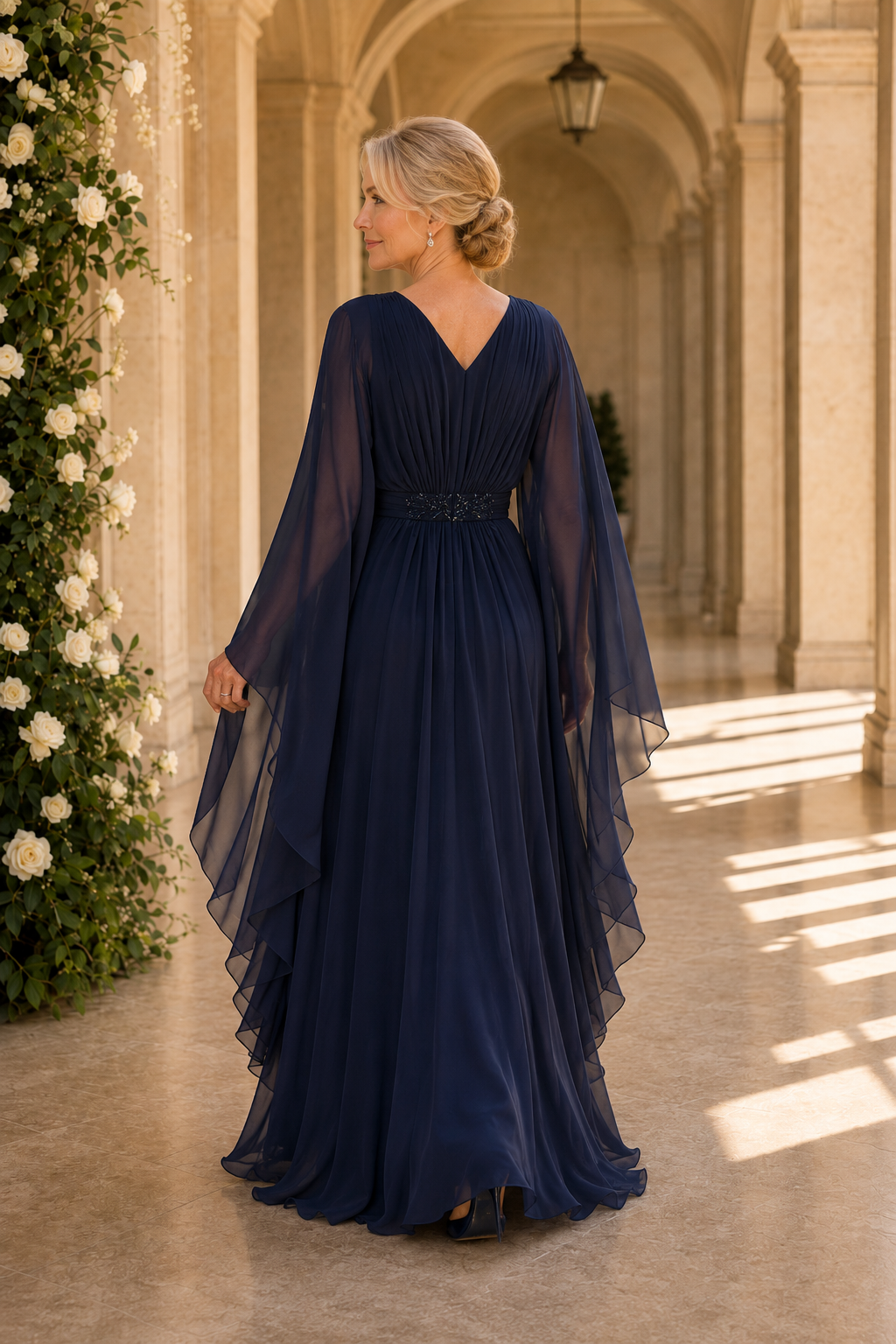 Beaded V-Neck Evening Gown with Cape Sleeves