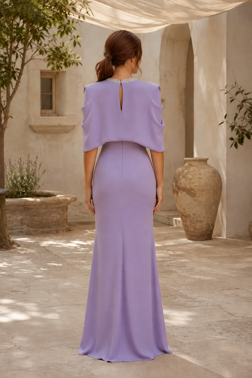 Cape-Sleeve Sheath Gown with Crystal Keyhole Neckline