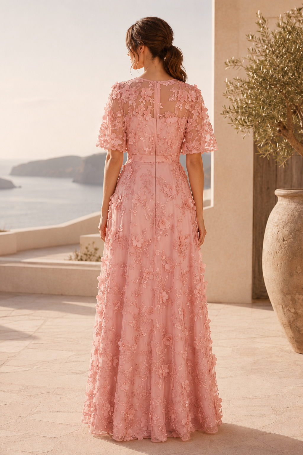 3D Floral Applique Maxi Dress with Flutter Sleeves