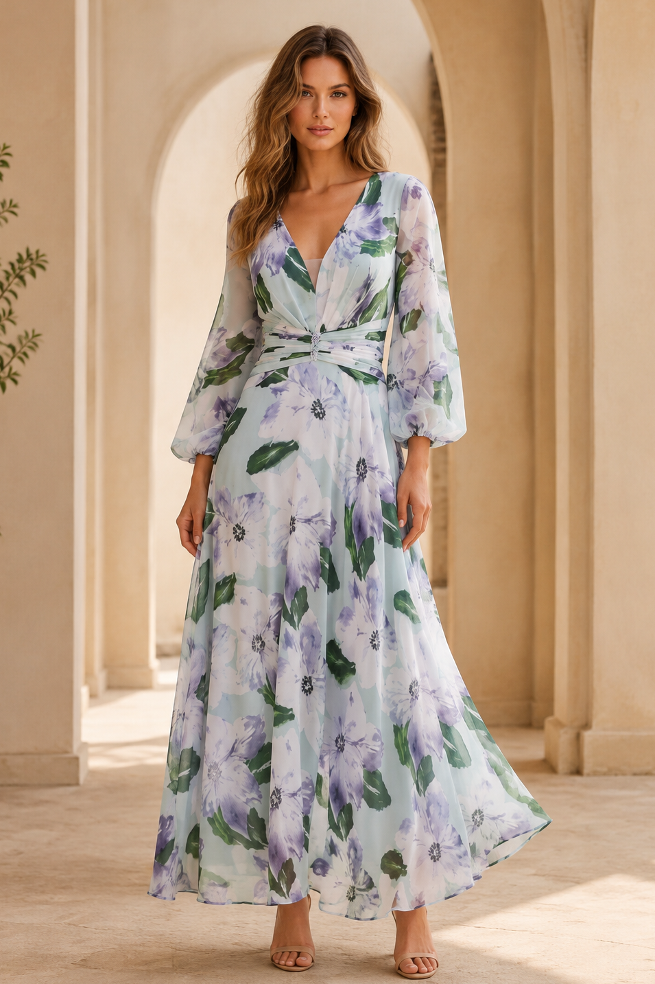 Floral Print V-Neck Maxi Dress with Long Sleeves