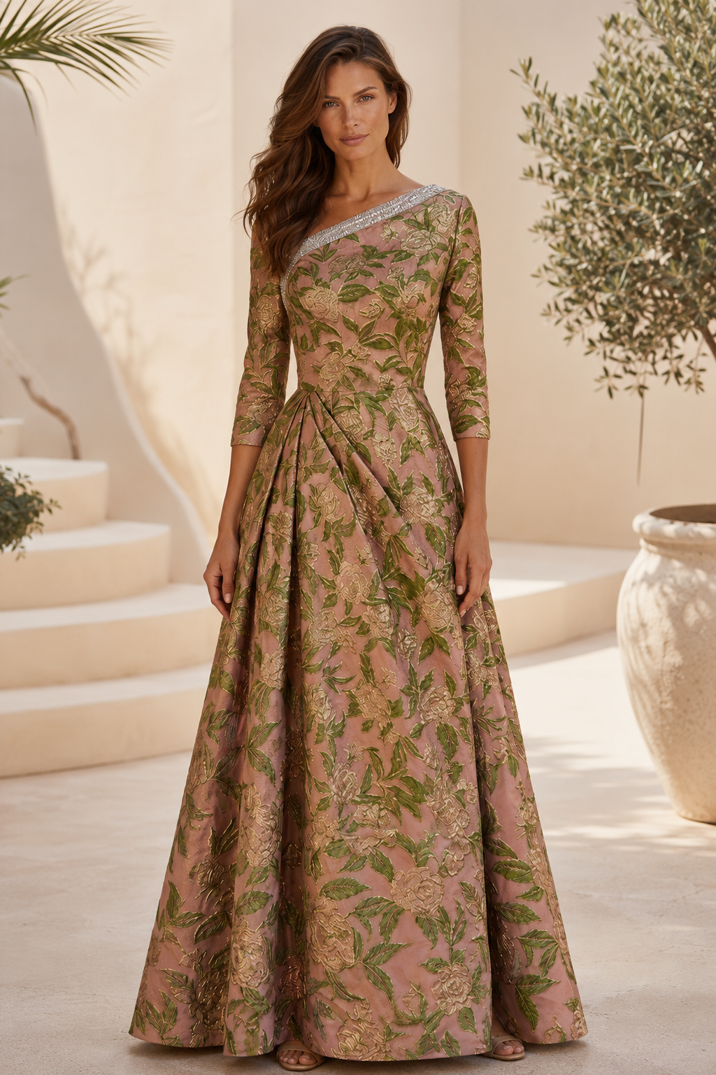 Floral Jacquard A-Line Gown with 3/4 Sleeves