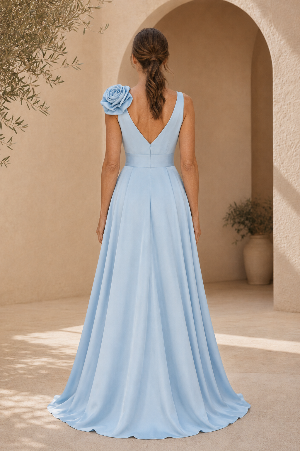 Rosette Shoulder V-Neck A-Line Gown with Slit