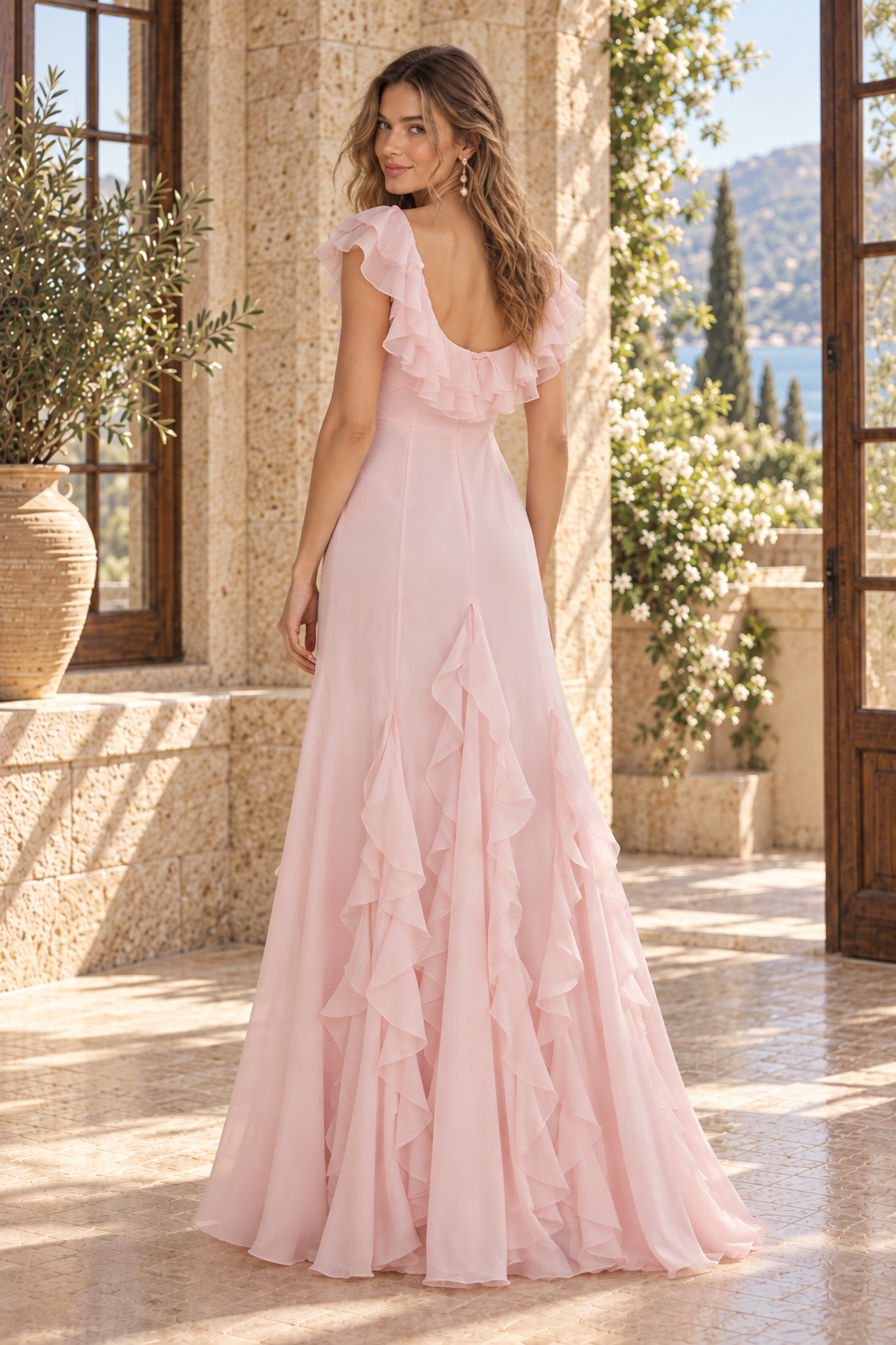 Ruffled Flutter Sleeve Cascade Maxi Gown