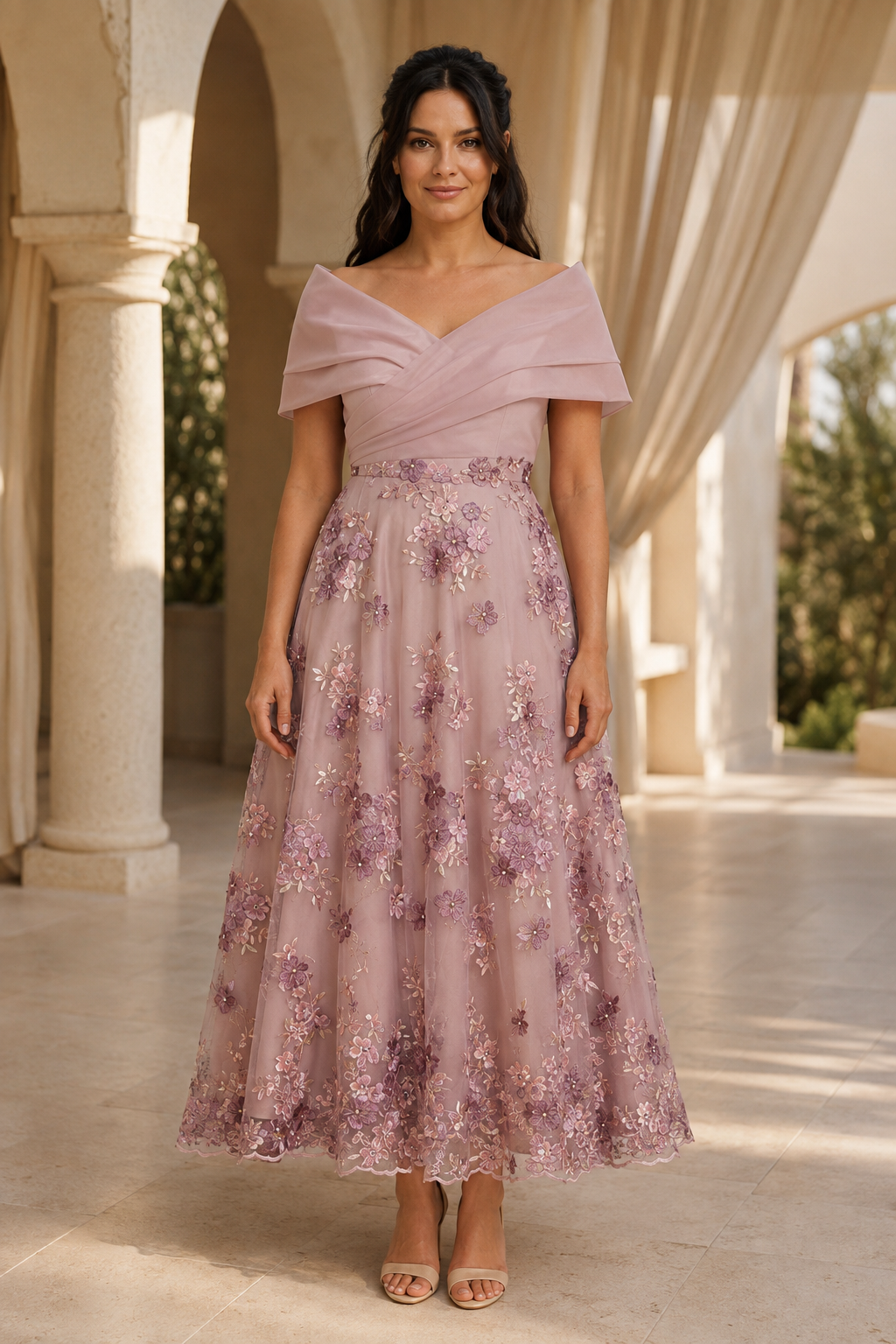 Off-the-Shoulder Floral Embroidered Tea-Length Dress