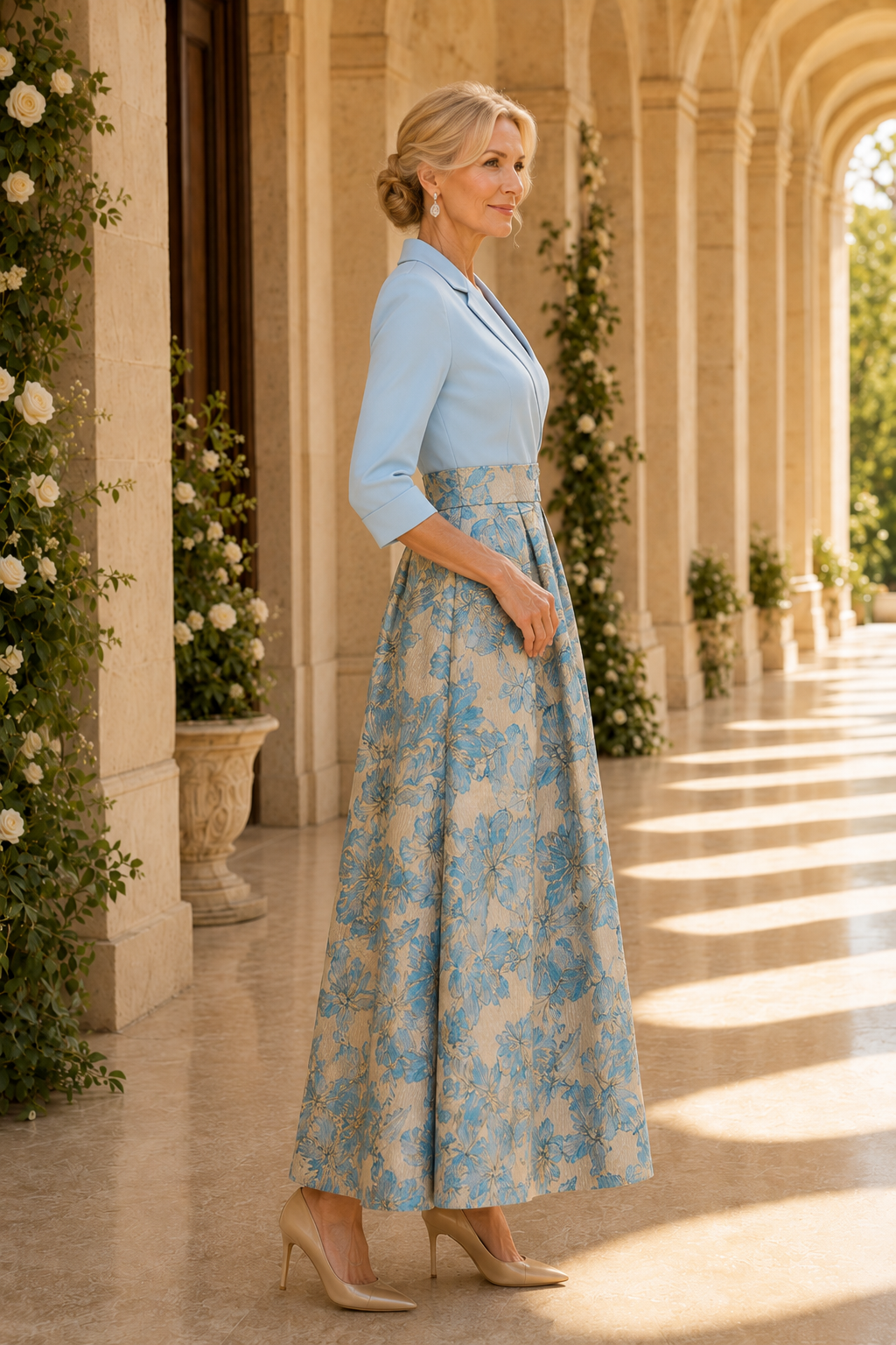 Collared Wrap Bodice Floral Jacquard Maxi Dress