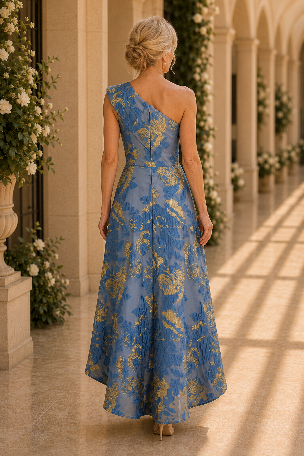 One-Shoulder Floral Jacquard High-Low Gown