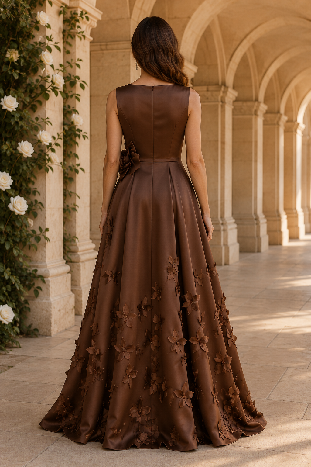 Sleeveless A-Line Gown with 3D Floral Appliques