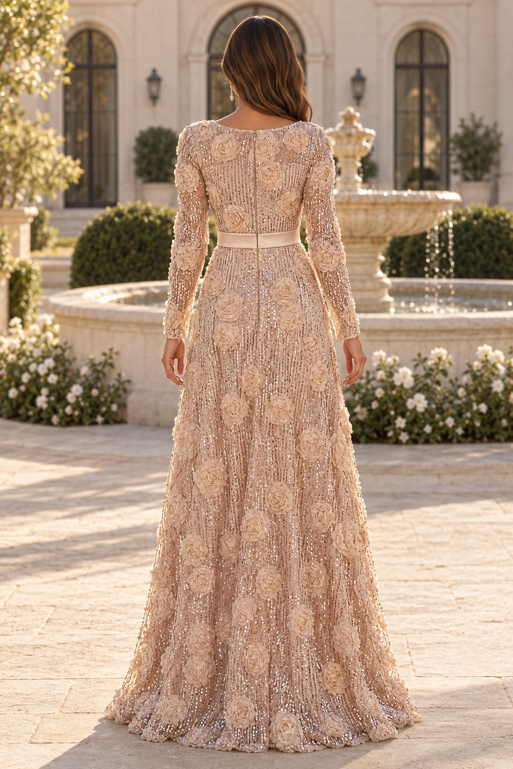 3D Floral Sequin Long Sleeve A-Line Evening Gown