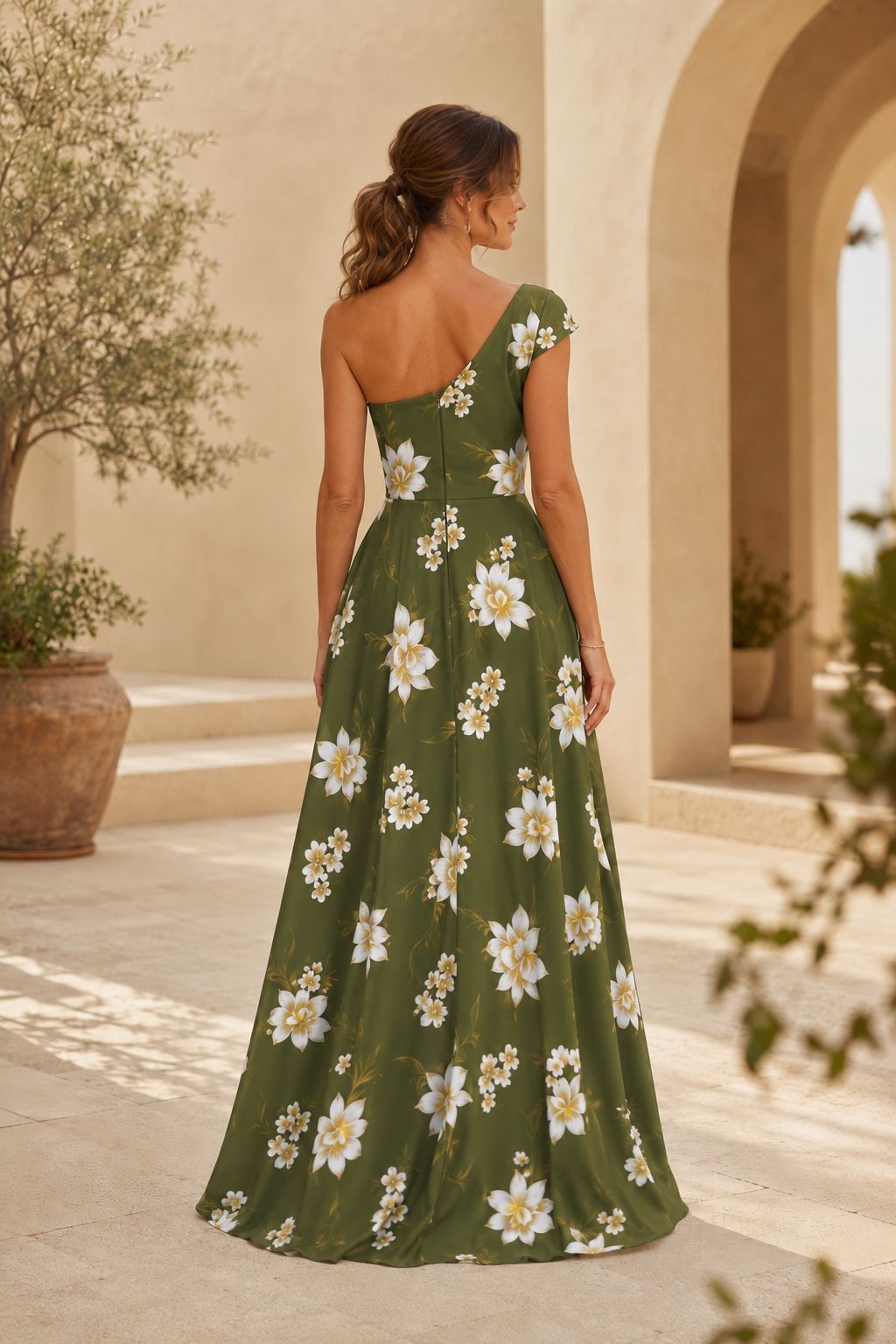 One-Shoulder Floral Print A-Line Maxi Dress