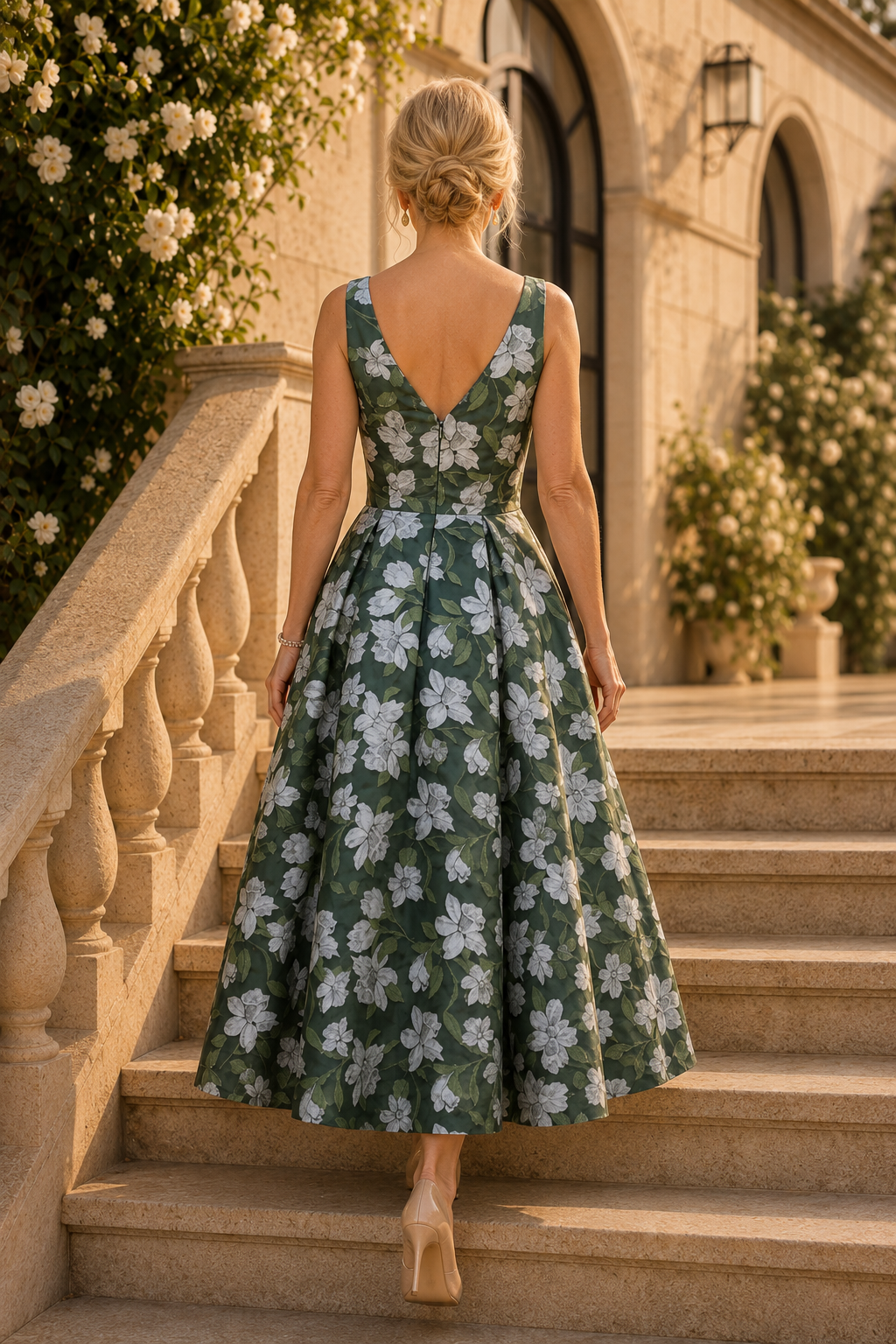 Floral Deep V-Neck A-Line Dress with Bow Accent