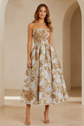 Strapless Metallic Jacquard A-Line Midi Dress