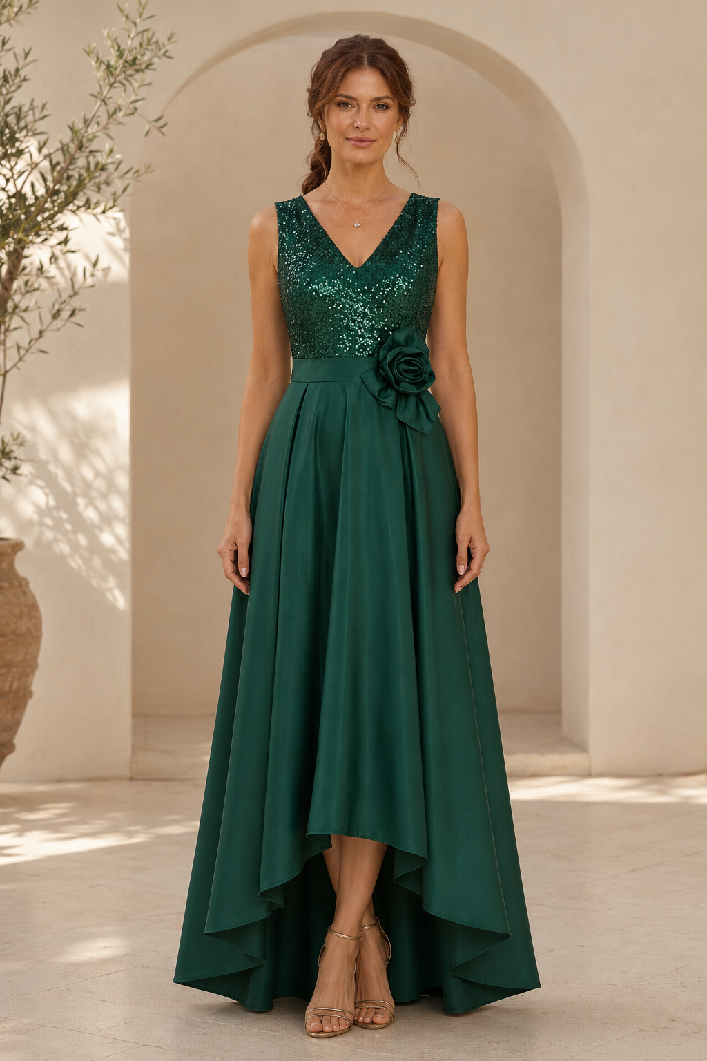 Sequin Bodice High-Low Satin Evening Gown