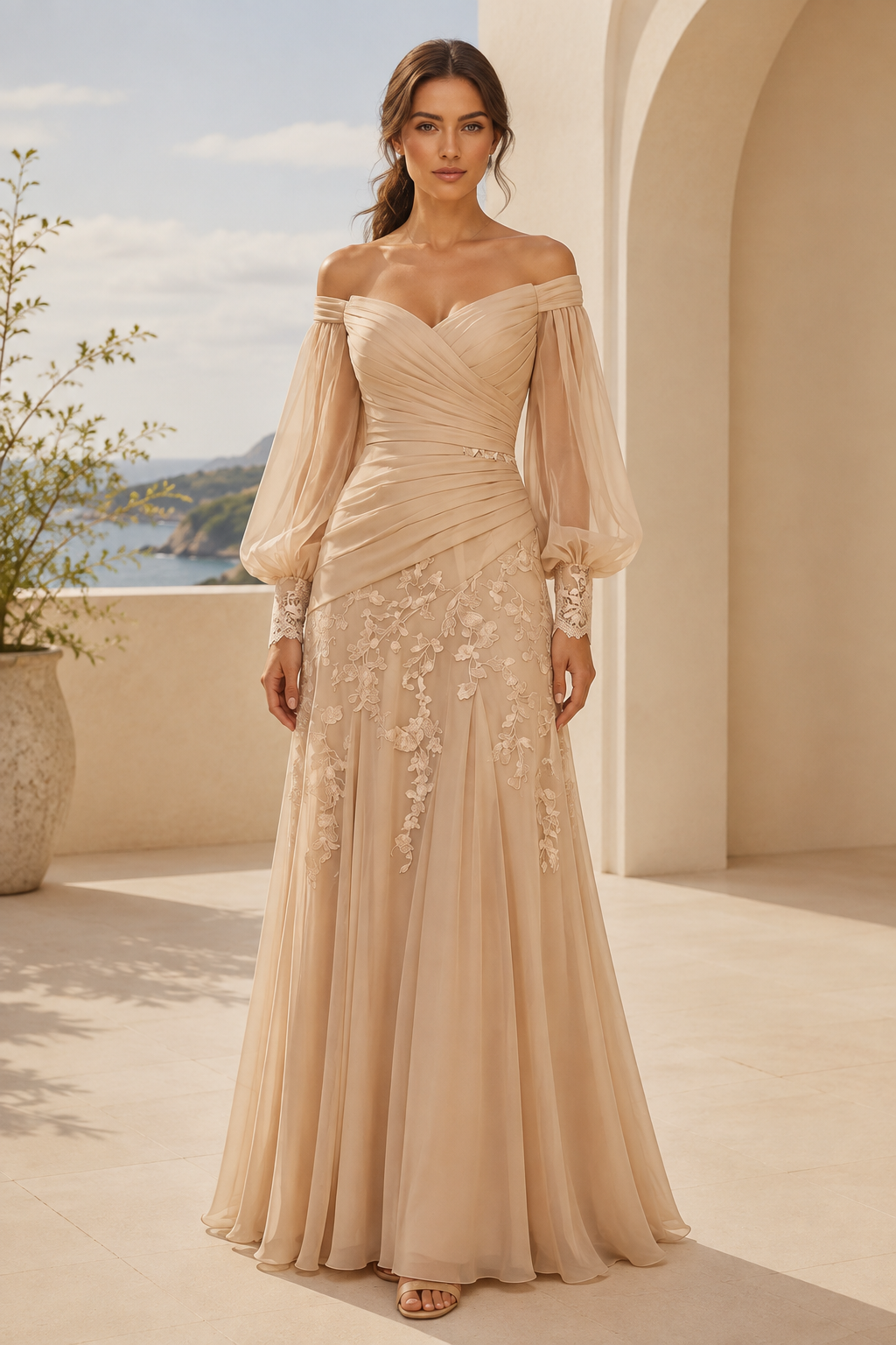 Off-the-Shoulder Ruched Gown with Bishop Sleeves