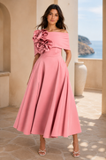 Off-Shoulder Floral Applique A-Line Midi Dress