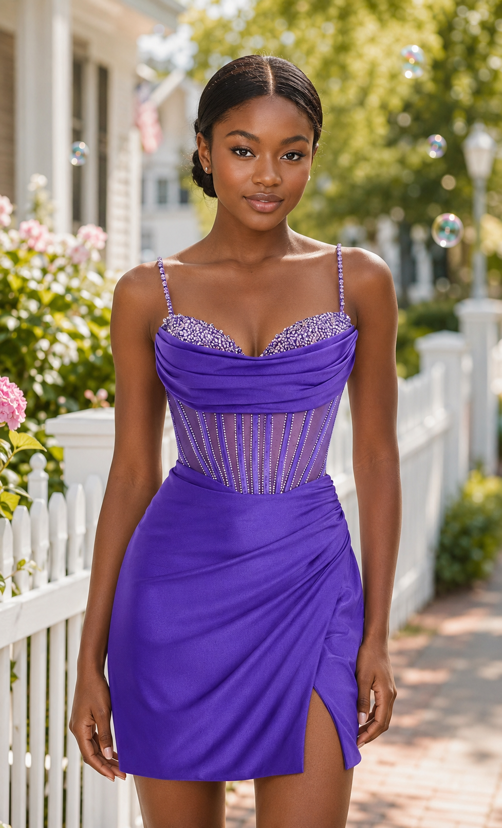 Beaded Corset Satin Mini Dress with Slit