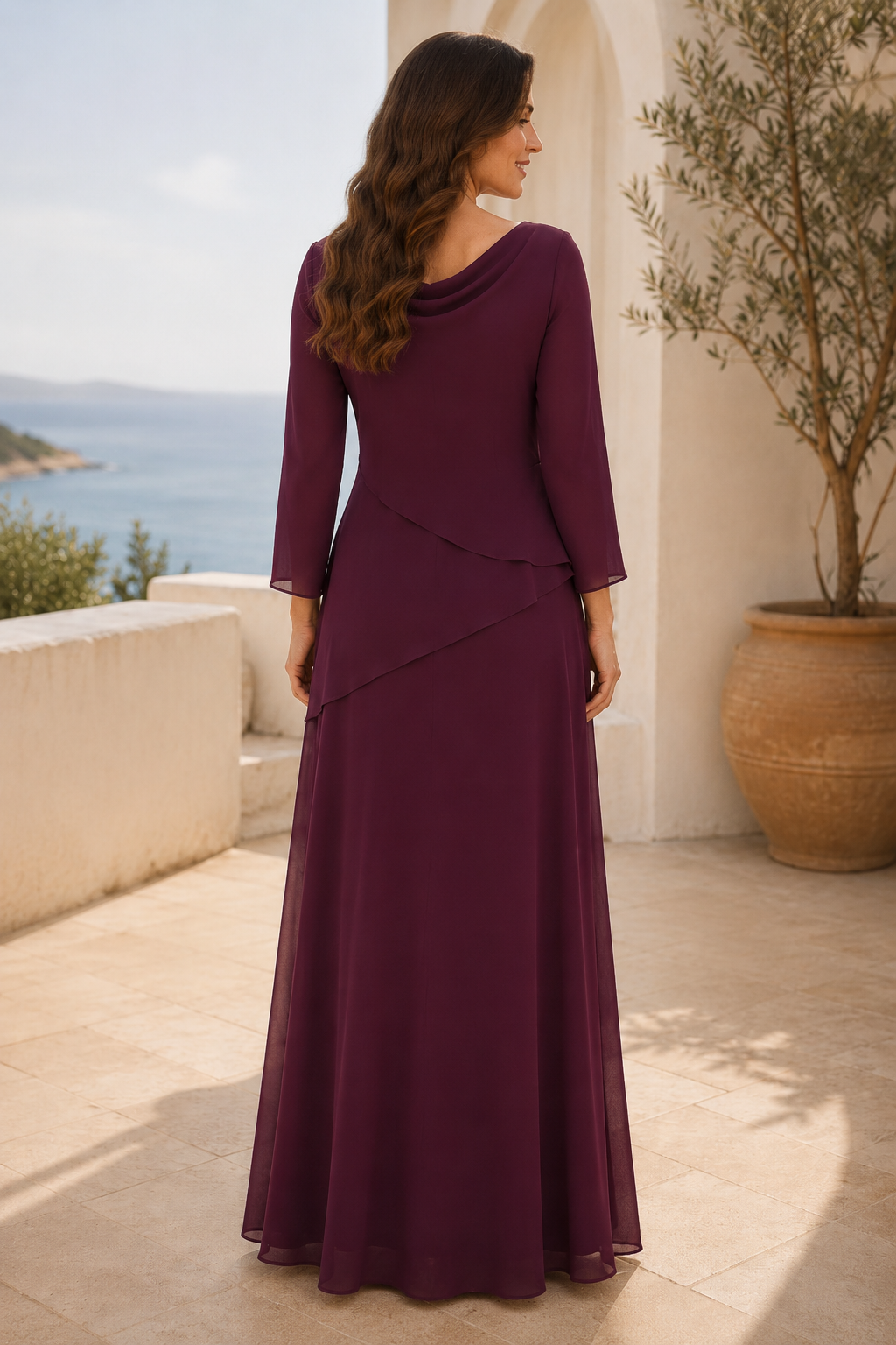 Cowl Neck 3/4 Sleeve Chiffon A-Line Evening Dress