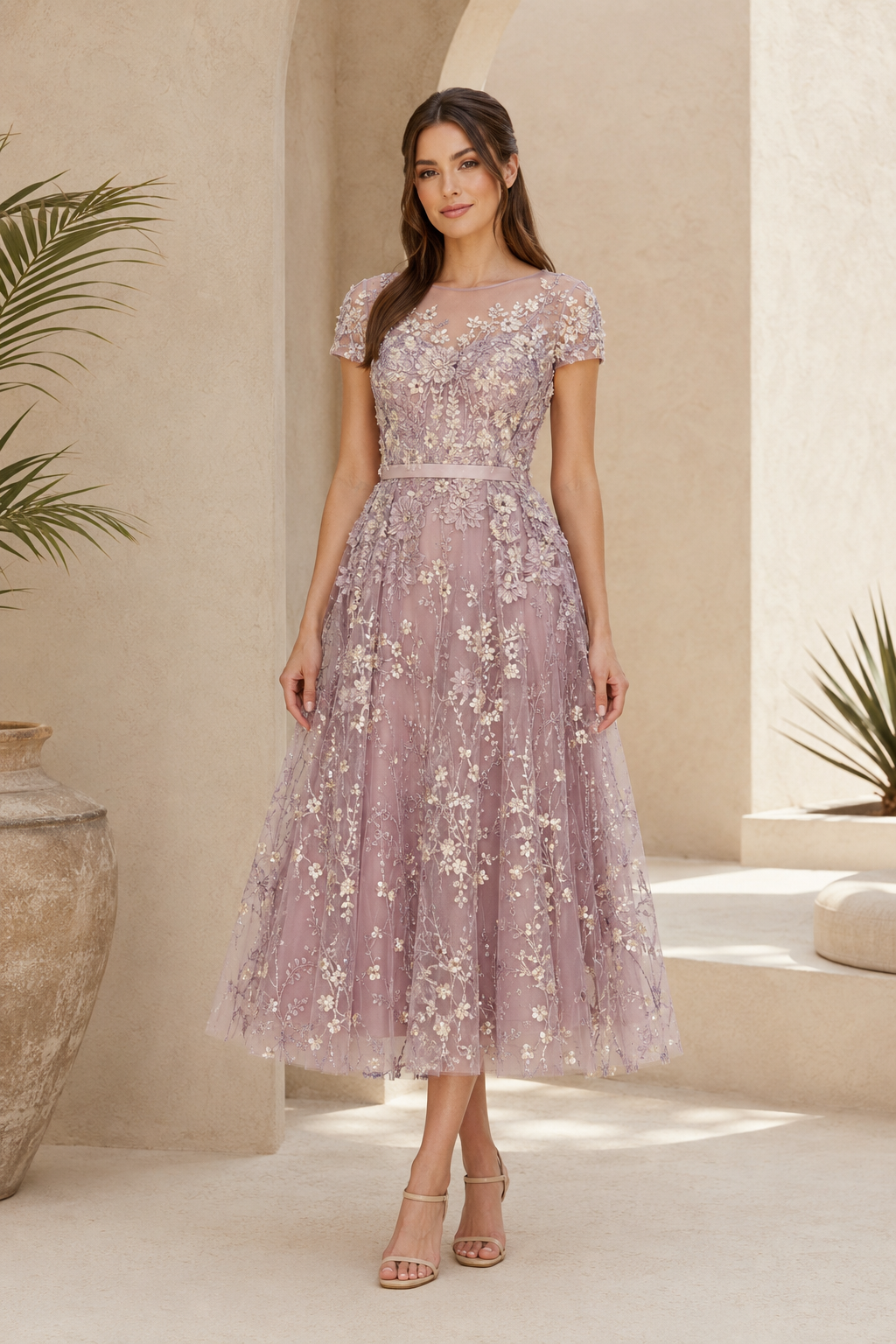 Floral Embroidered Illusion Tea-Length A-Line Dress