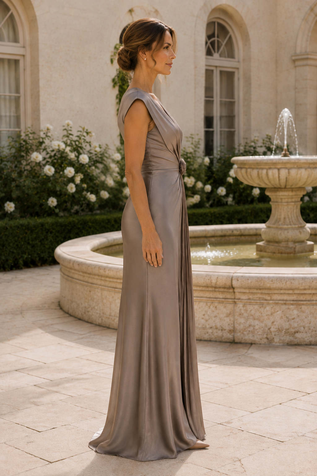 Pleated Rosette V-Neck Satin Gown
