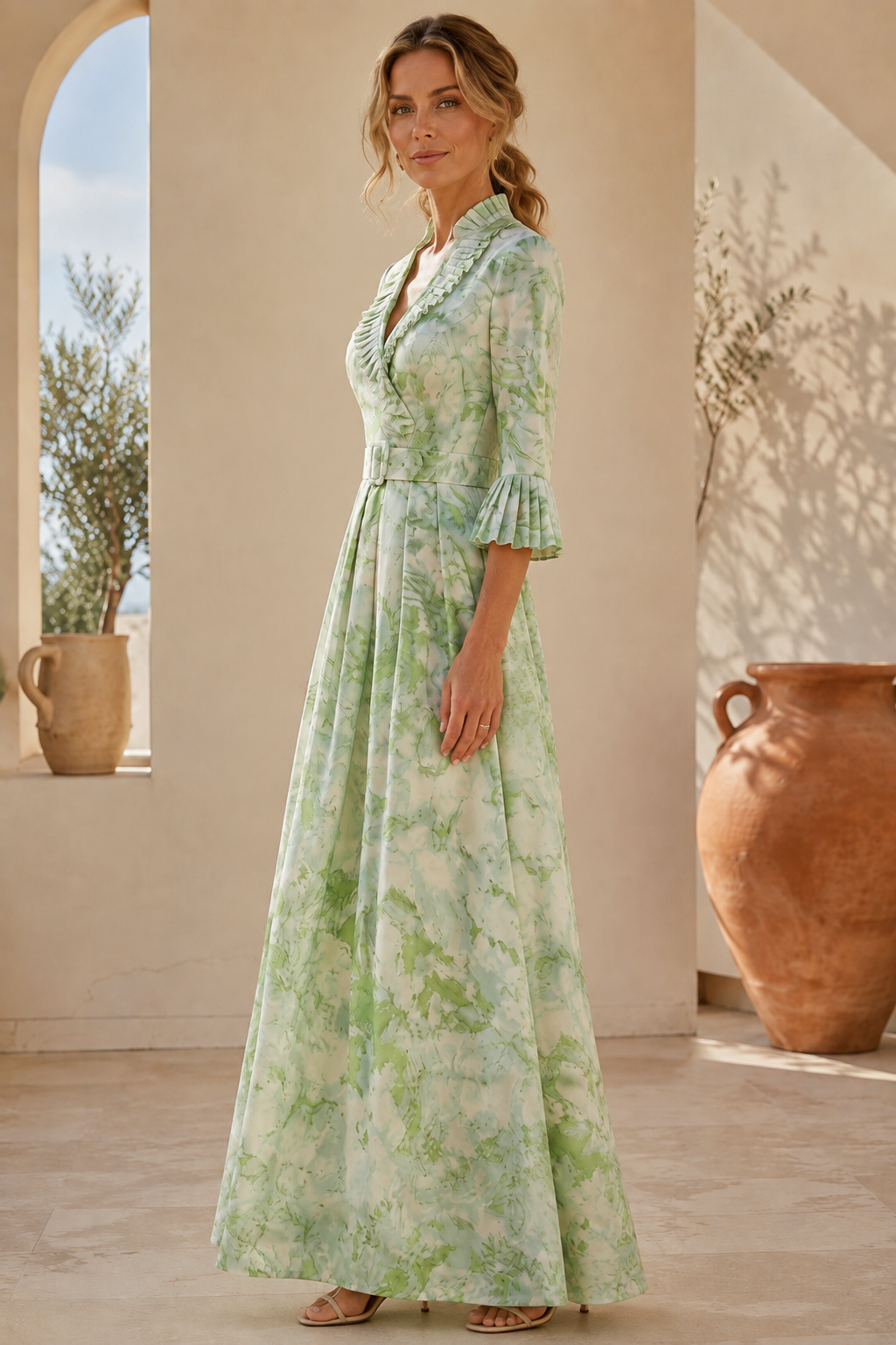 Pleated Ruffle V-Neck Maxi Dress with Belt