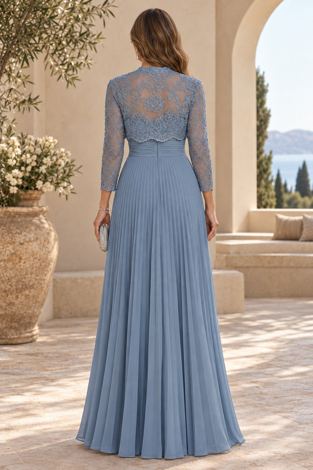 Pleated A-Line Gown with Lace Bolero Jacket