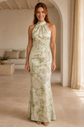 Floral Print Halter Neck Ruched Trumpet Maxi Dress