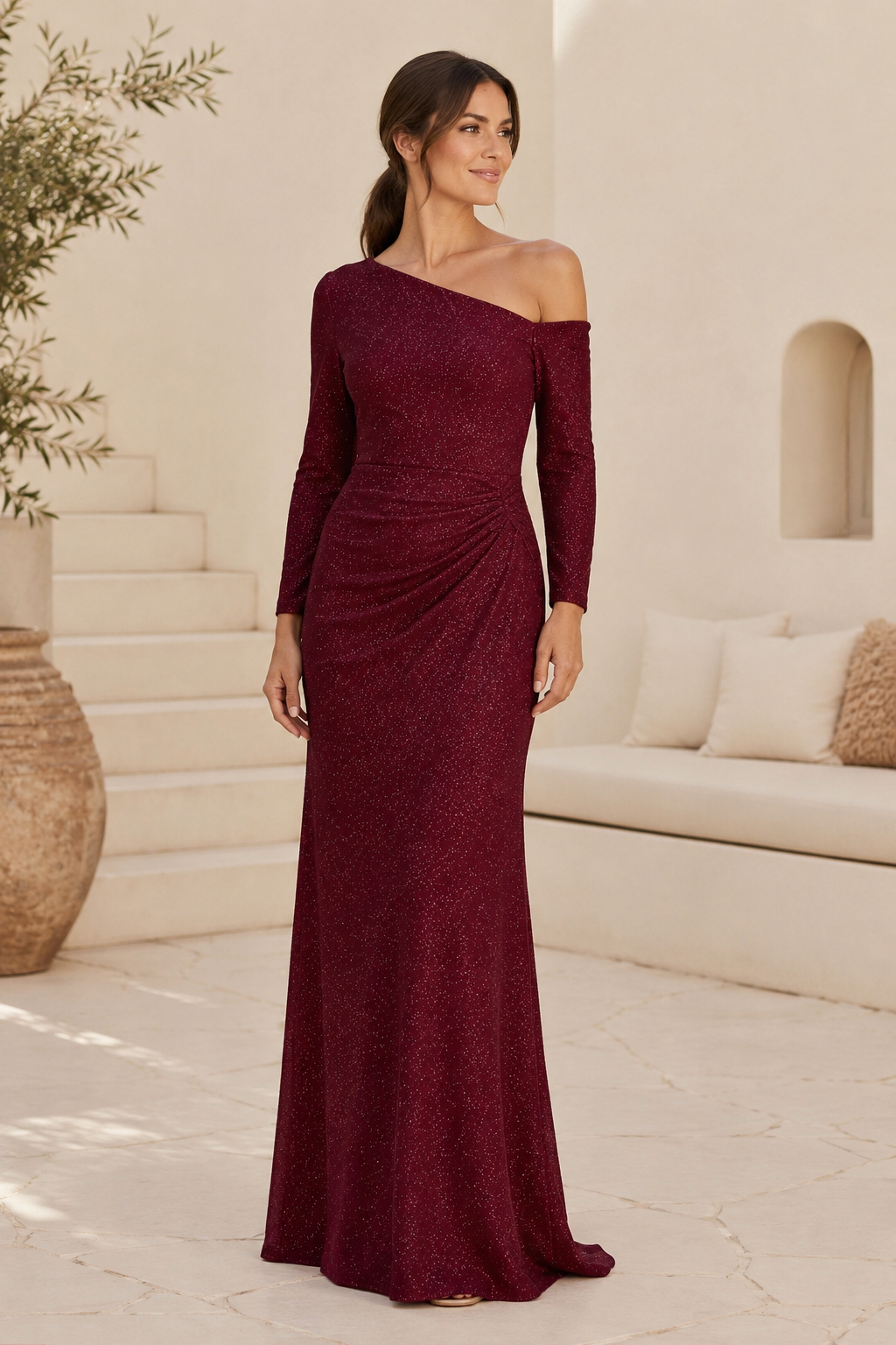 One Shoulder Long Sleeve Glitter Evening Gown