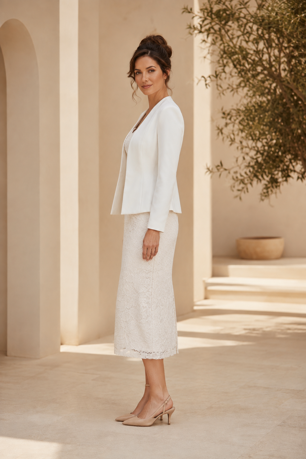 Lace Sheath Midi Dress with Cropped Long-Sleeve Jacket