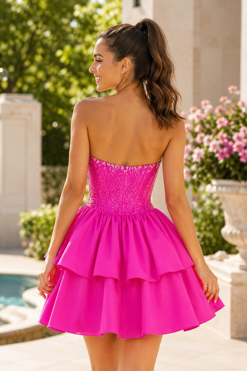Strapless Tiered Corset Short Dress with Bow