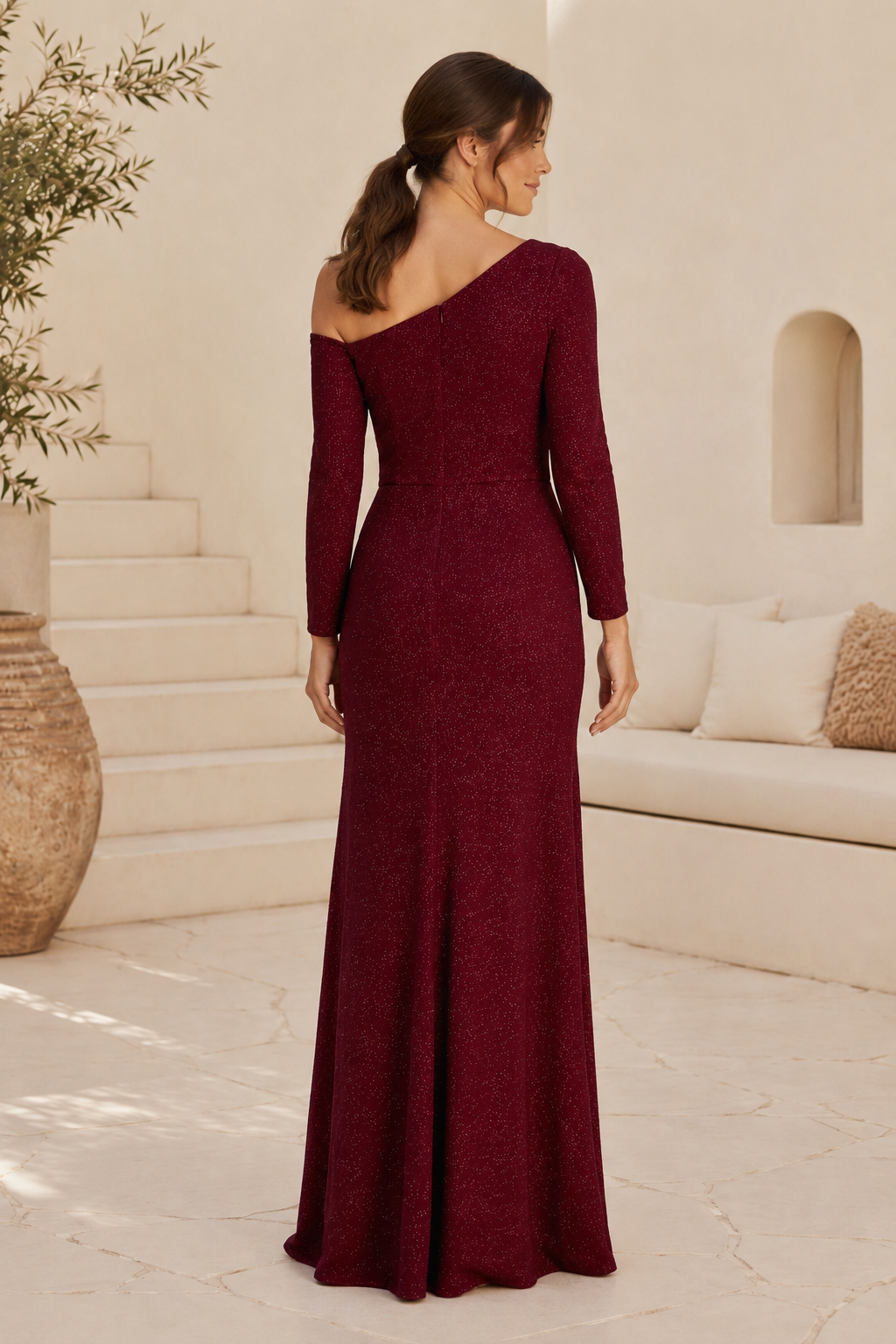 One Shoulder Long Sleeve Glitter Evening Gown