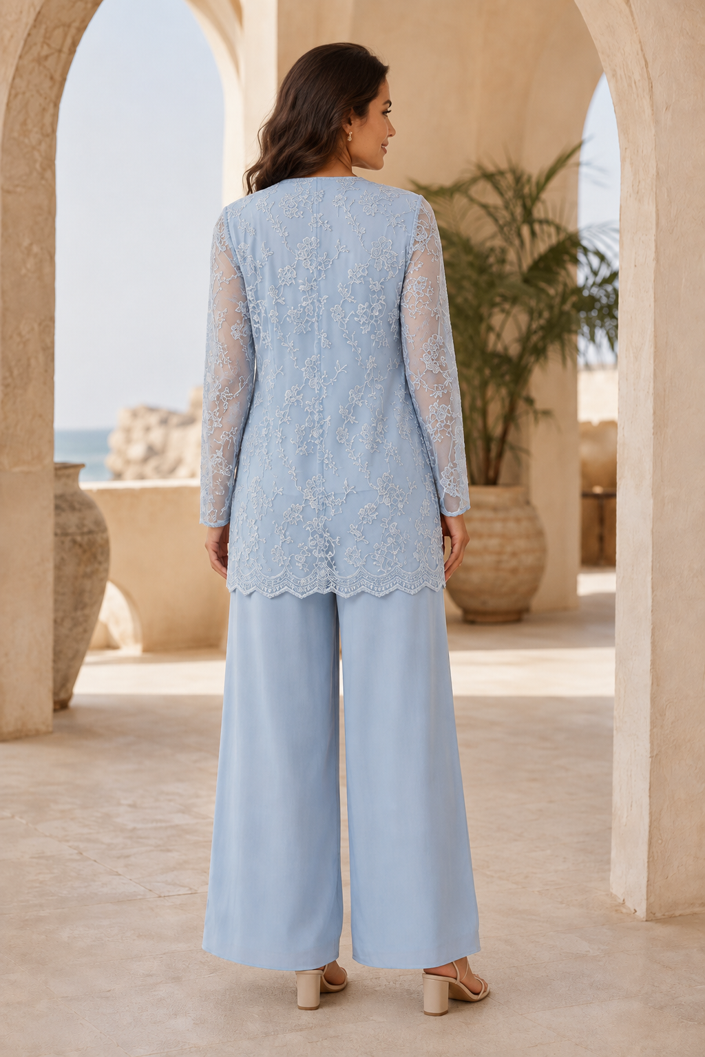 Three-Piece Lace Jacket, Top & Wide-Leg Pants Set