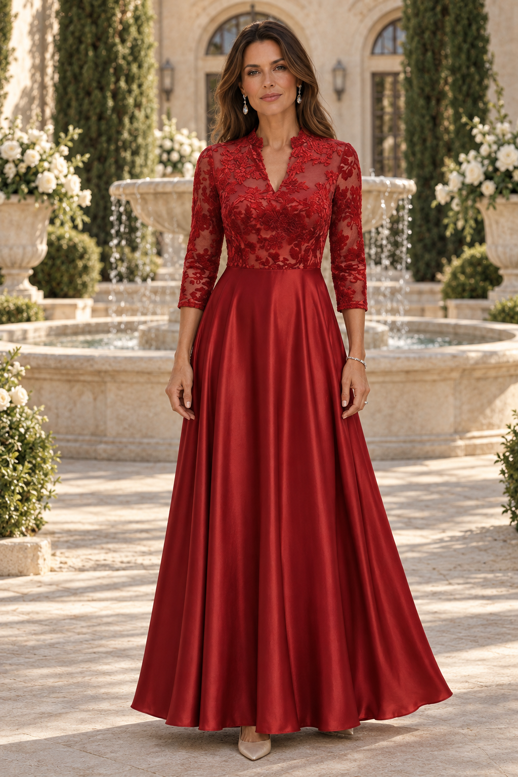 Illusion Lace 3/4 Sleeve Satin A-Line Formal Gown