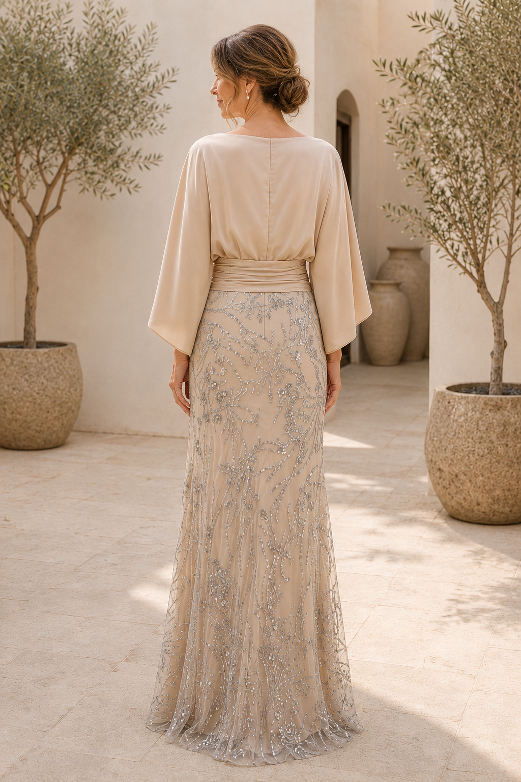 Bateau Neck Gown with Cape Sleeves and Sequin Skirt