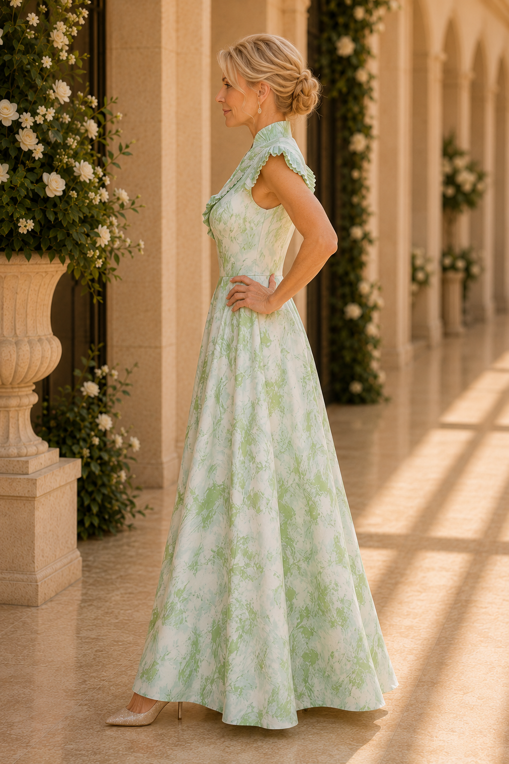 Pleated Collar A-Line Maxi Dress with Cap Sleeves