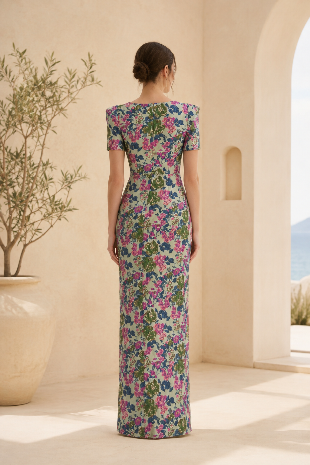 Floral Jacquard Puff Sleeve Maxi Dress with High Slit