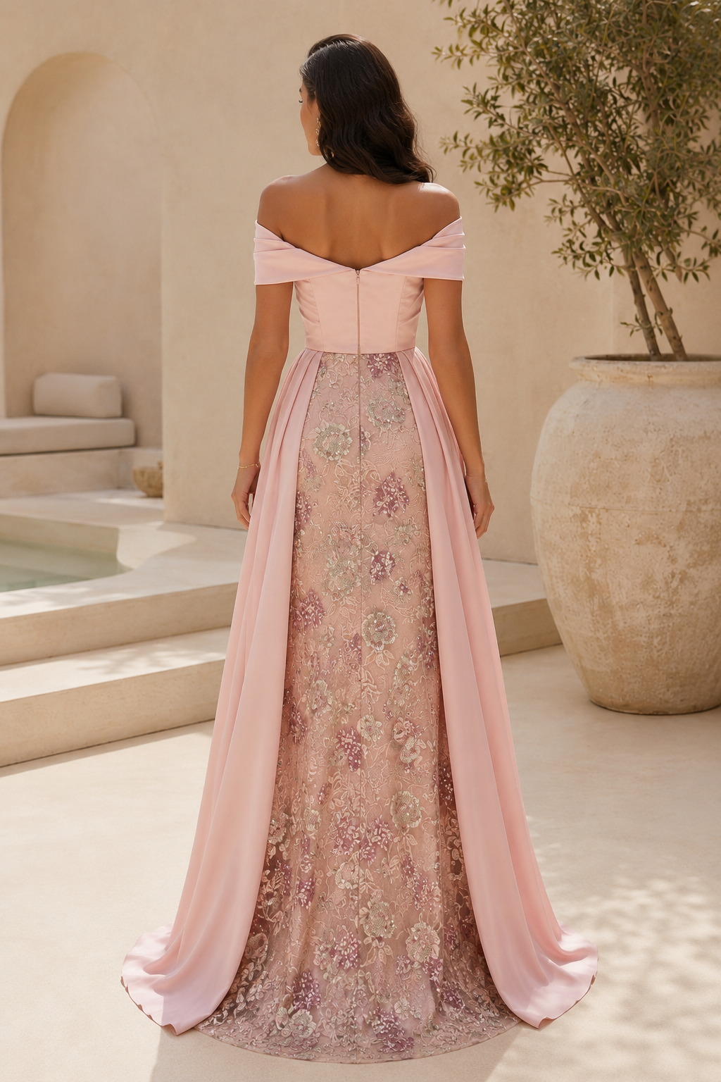 Off-Shoulder Floral Sequin Mermaid Gown with Overskirt