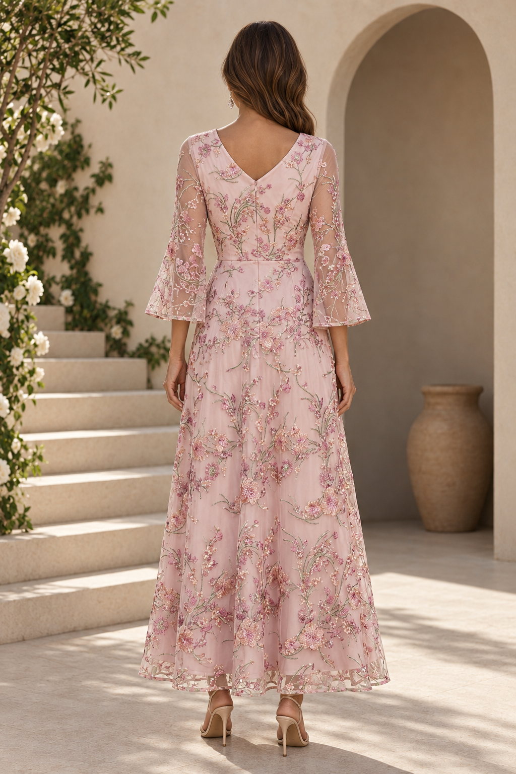 Embroidered Floral A-Line Dress with Bell Sleeves