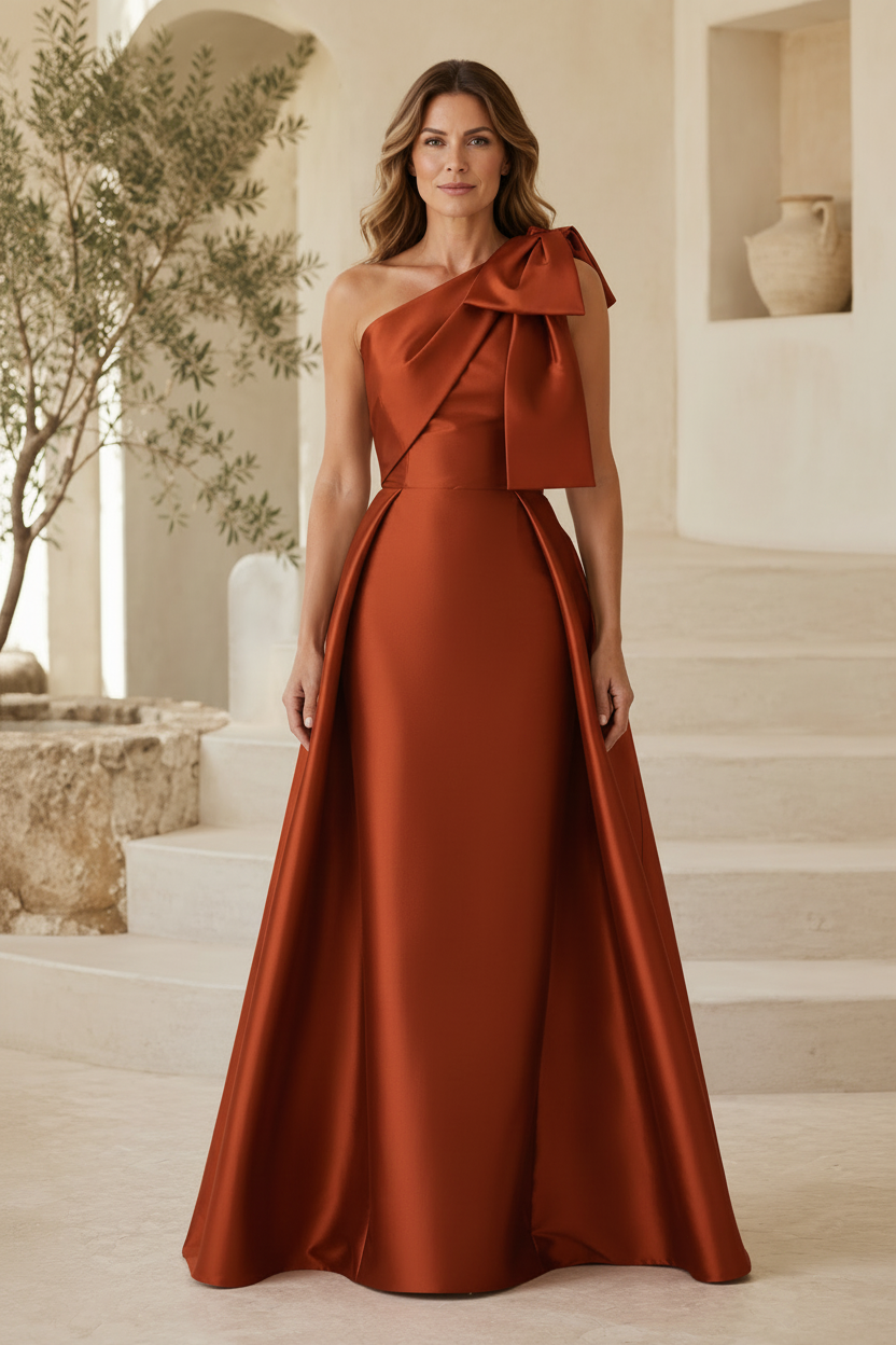 One-Shoulder Bow A-Line Satin Gown