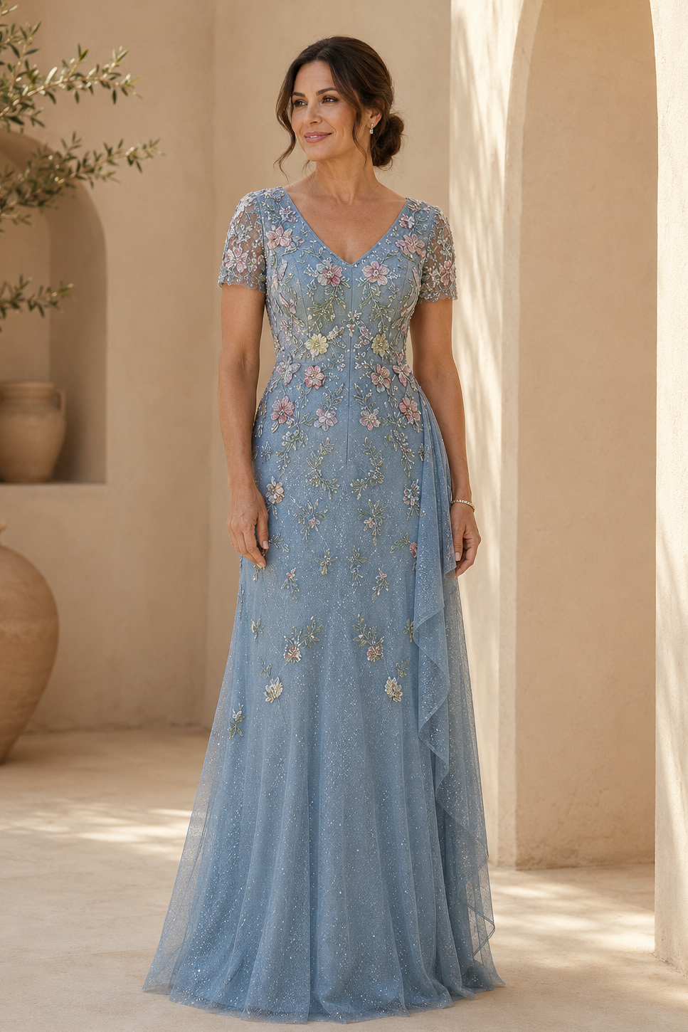 Embroidered A-Line Evening Gown with 3D Flowers
